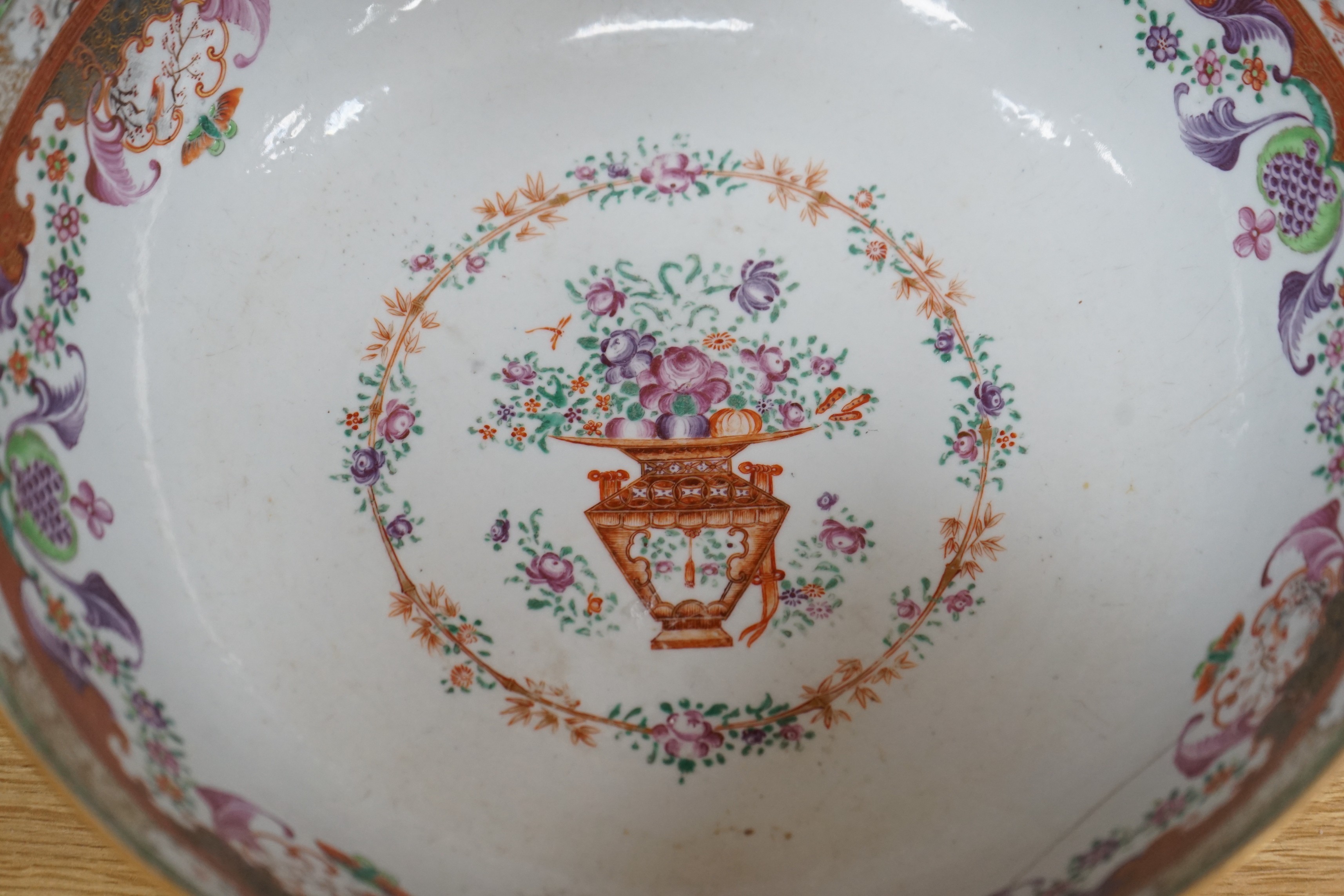 An 18th century Chinese export famille rose ‘mandarin’ punch bowl, 31cm diameter (af)